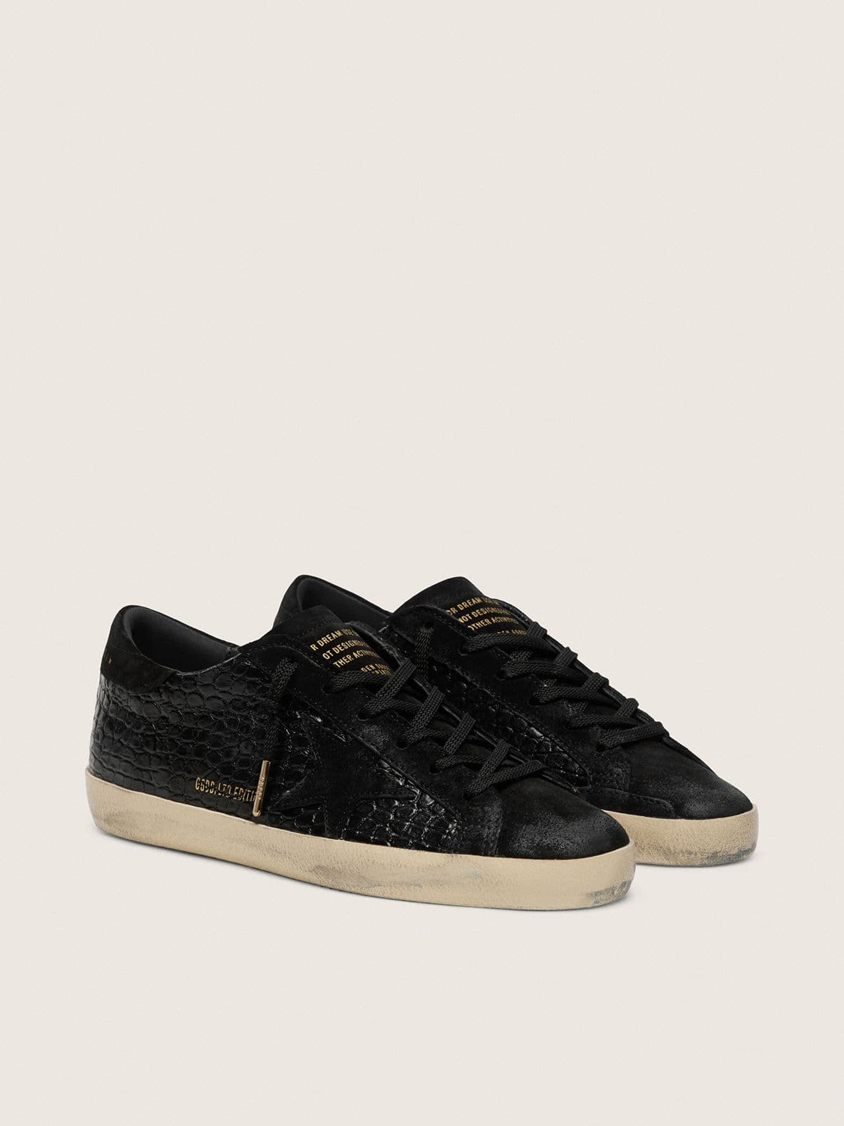 Super-Star LTD pour femme en cuir imprimé croco noir avec étoile et contrefort en cuir velours noir