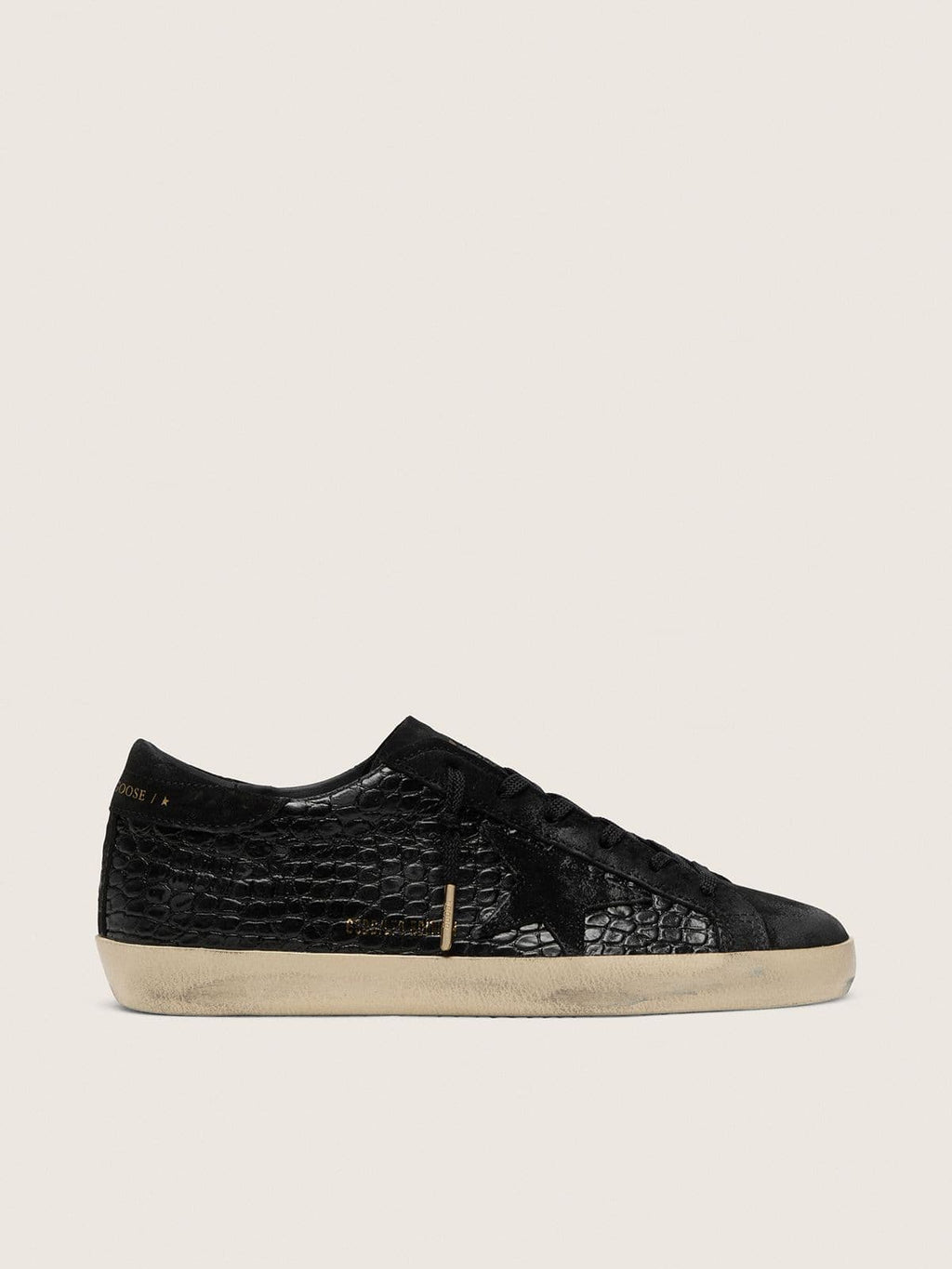 Super-Star LTD pour femme en cuir imprimé croco noir avec étoile et contrefort en cuir velours noir